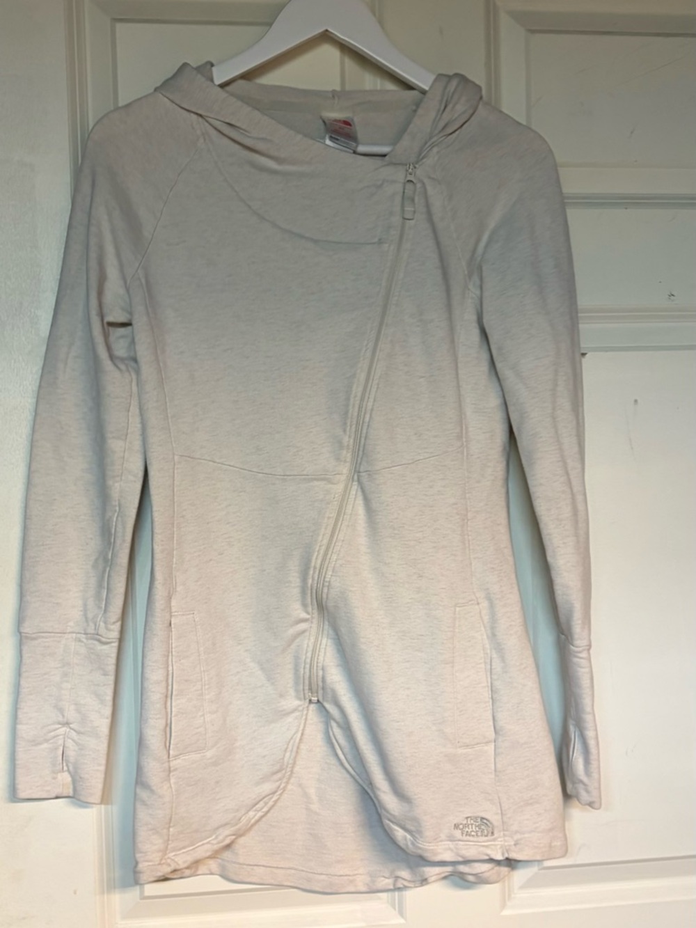 North Face Oatmeal Women’s Tadasana Hooded Asymmetrical Zip Top with thumb holes